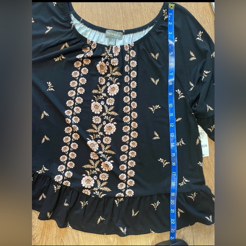 NWT Style & Co. Petite Large Printed On-Off Knit Black Top - Picture 6 of 8